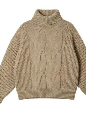 🥥 Cozy Light Brown Turtleneck Knit Sweater - Subtle Center Design - S